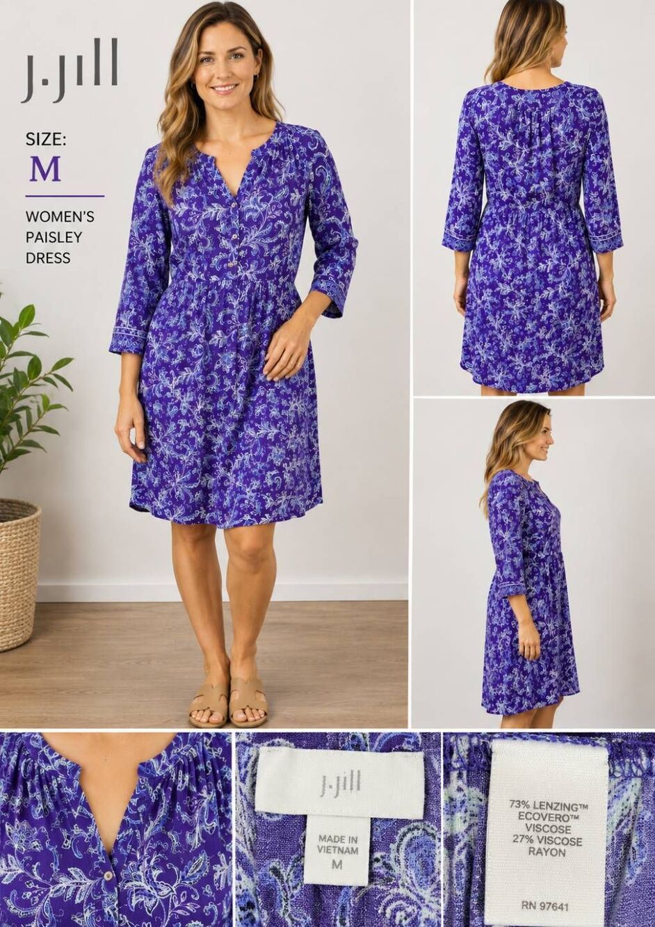 J.Jill Women’s Medium Purple Paisley Midi Dress Button Front 3/4 Sleeve